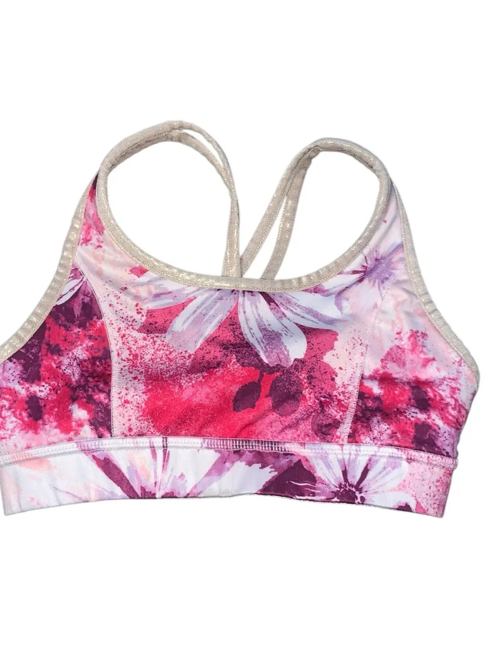 Justice Girls Pink & White Floral Girls Reversible Sports Bra XS Metallic